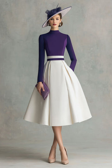 Plum A-Line High Neck Midi Mother Of The Bride Dress